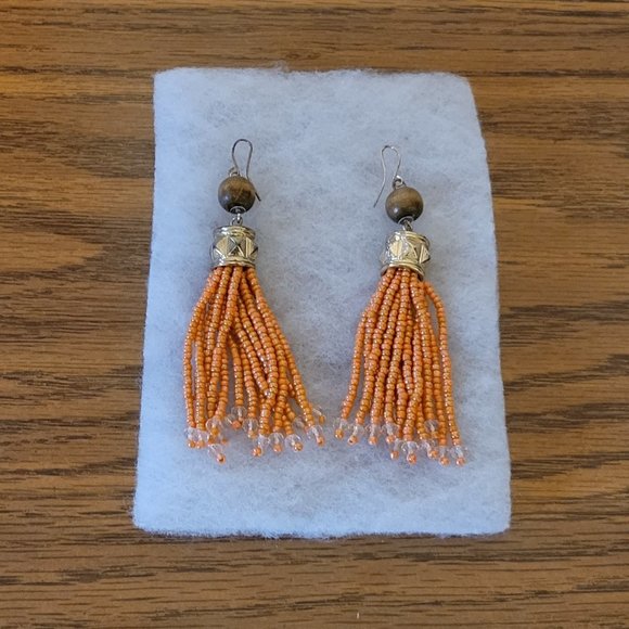 Silverworks orange beaded rustic vtg long tassel fringe earrings - - Picture 1 of 3